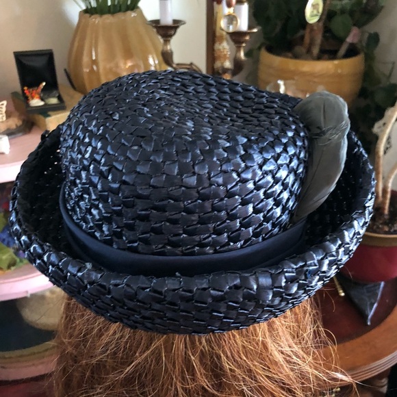 Vintage Blue Raffia Straw Hat w Feathers main image 6